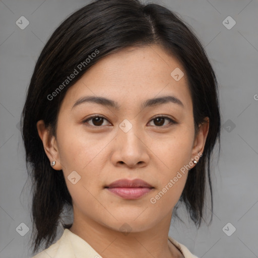 Joyful asian young-adult female with medium  brown hair and brown eyes