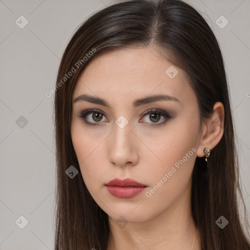 Neutral white young-adult female with long  brown hair and brown eyes