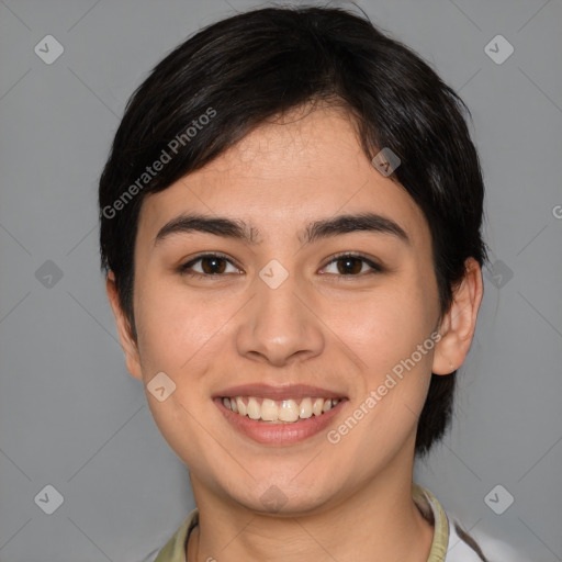 Joyful white young-adult female with medium  brown hair and brown eyes