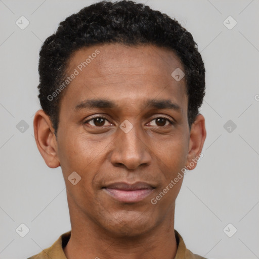 Joyful black young-adult male with short  black hair and brown eyes