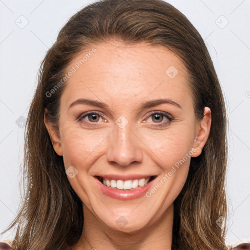 Joyful white young-adult female with long  brown hair and grey eyes