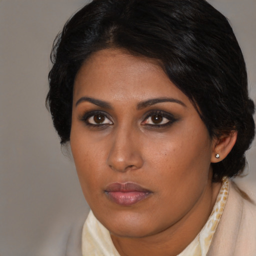 Neutral black young-adult female with medium  brown hair and brown eyes
