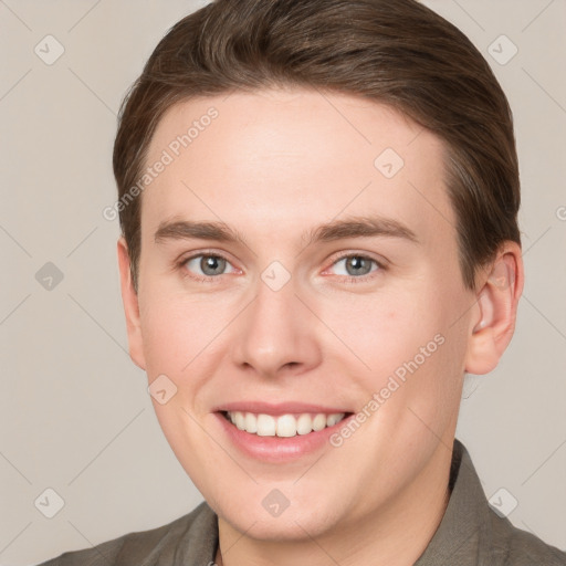 Joyful white young-adult female with short  brown hair and grey eyes