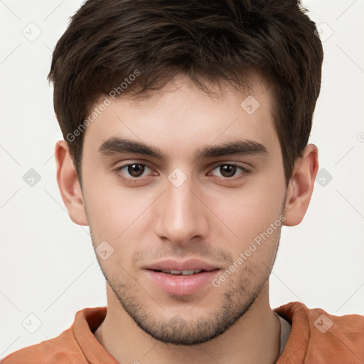 Neutral white young-adult male with short  brown hair and brown eyes