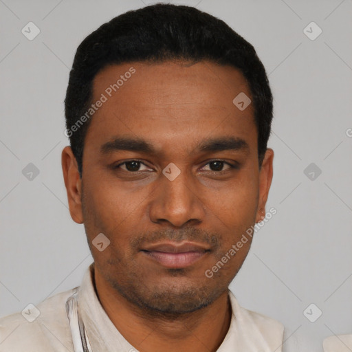 Neutral latino young-adult male with short  black hair and brown eyes