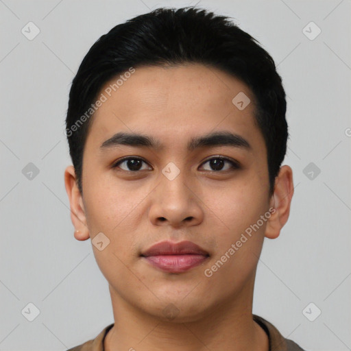 Neutral asian young-adult male with short  black hair and brown eyes