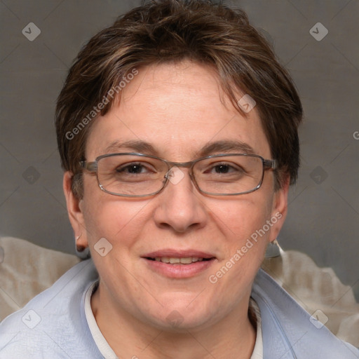 Joyful white adult female with short  brown hair and brown eyes