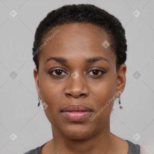 Neutral black young-adult female with short  black hair and brown eyes