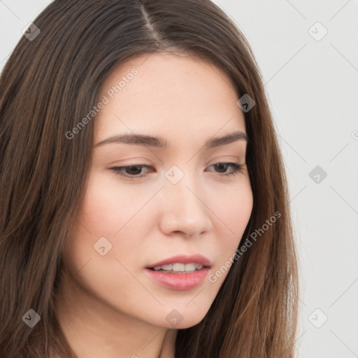 Neutral white young-adult female with long  brown hair and brown eyes