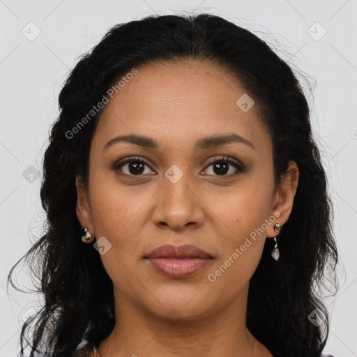 Joyful latino young-adult female with long  brown hair and brown eyes