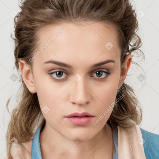 Neutral white young-adult female with medium  brown hair and blue eyes