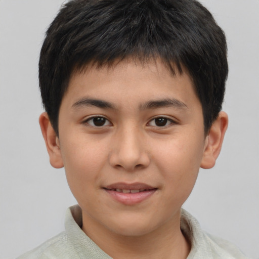 Joyful asian child male with short  brown hair and brown eyes