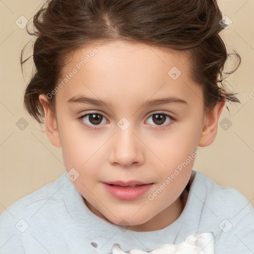 Joyful white child female with short  brown hair and brown eyes