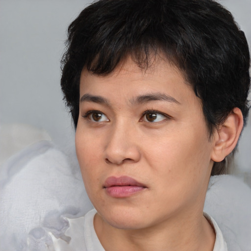 Joyful asian young-adult female with short  brown hair and brown eyes