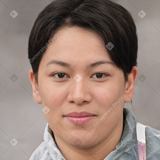 Joyful white young-adult female with medium  brown hair and brown eyes