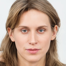 Neutral white young-adult female with long  brown hair and blue eyes