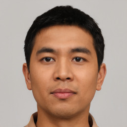 Neutral asian young-adult male with short  black hair and brown eyes