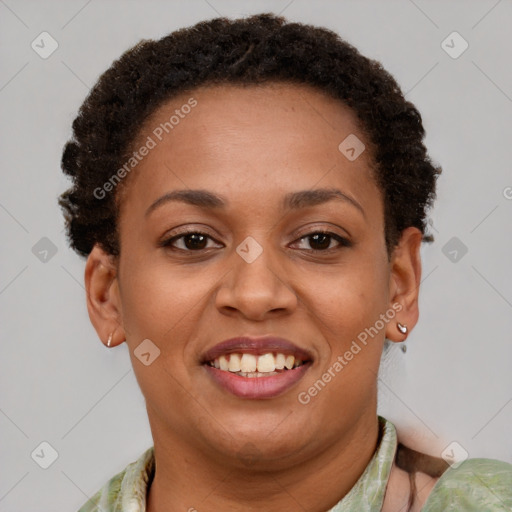 Joyful latino young-adult female with short  brown hair and brown eyes