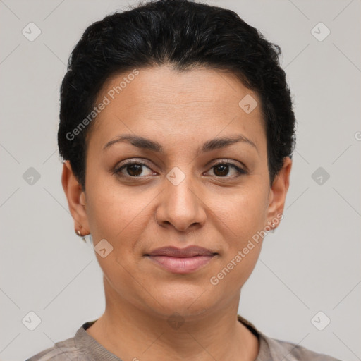 Joyful latino young-adult female with short  brown hair and brown eyes