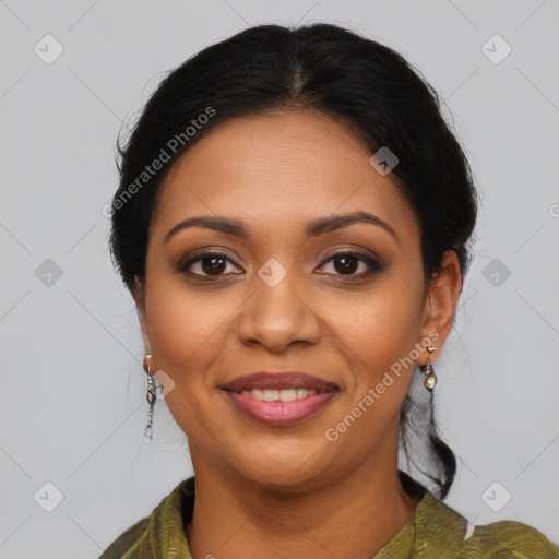 Joyful latino young-adult female with medium  brown hair and brown eyes