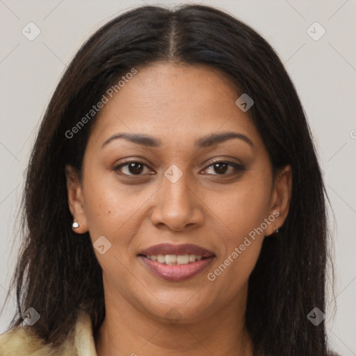 Joyful latino young-adult female with long  brown hair and brown eyes