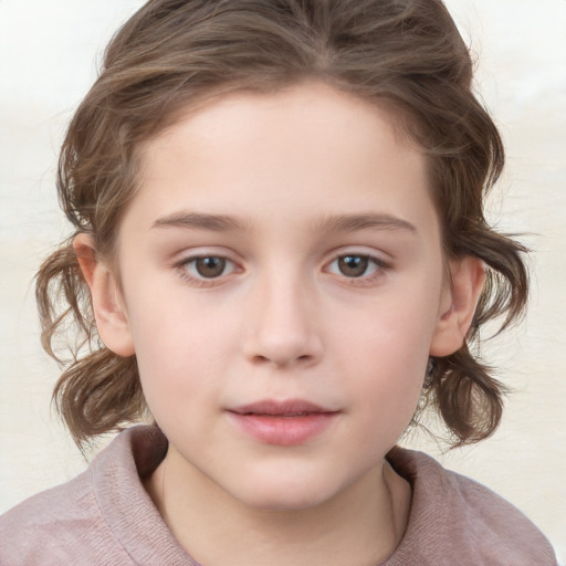 Neutral white child female with medium  brown hair and grey eyes