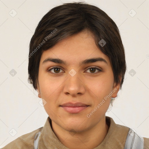 Neutral white young-adult female with short  brown hair and brown eyes