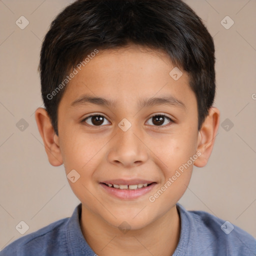 Joyful white child male with short  brown hair and brown eyes