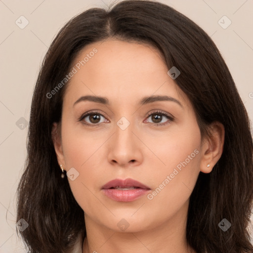 Neutral white young-adult female with long  brown hair and brown eyes