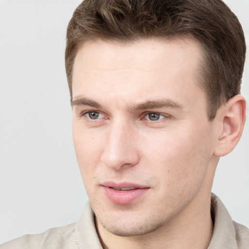 Neutral white young-adult male with short  brown hair and grey eyes