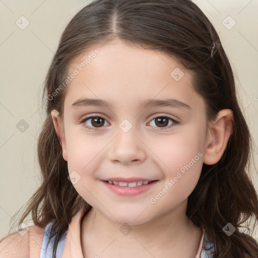 Joyful white child female with medium  brown hair and brown eyes