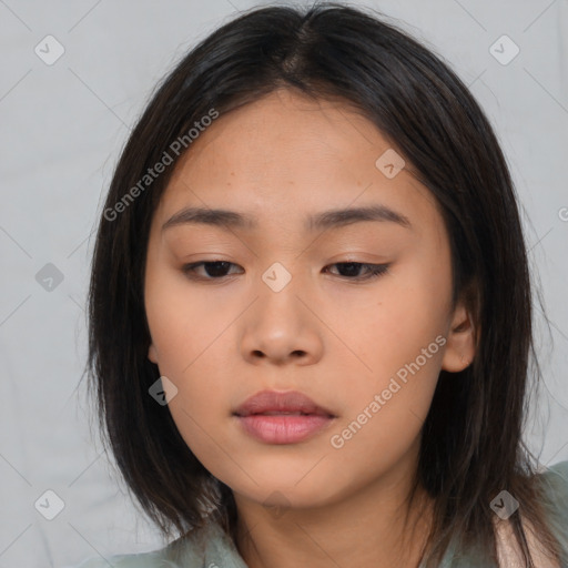 Neutral asian young-adult female with long  brown hair and brown eyes