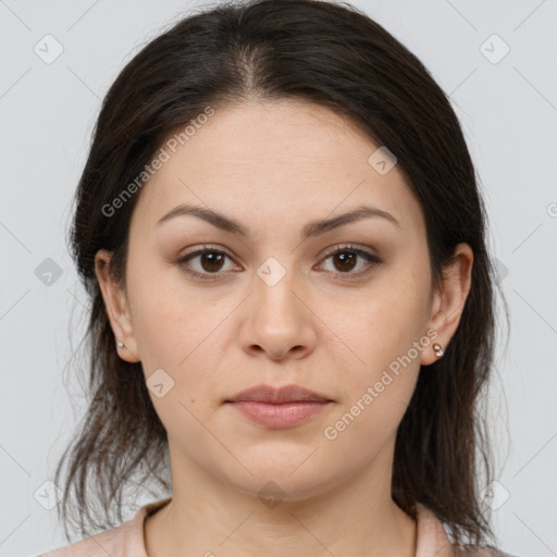 Neutral white young-adult female with medium  brown hair and brown eyes