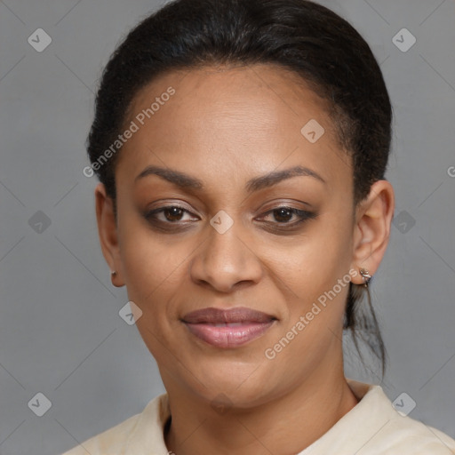 Joyful latino young-adult female with short  brown hair and brown eyes