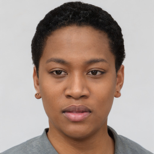 Neutral black young-adult female with short  black hair and brown eyes