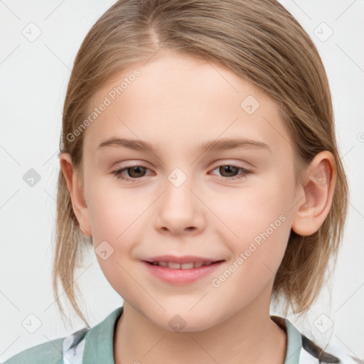 Joyful white child female with medium  brown hair and grey eyes