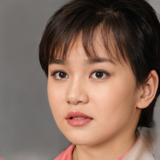 Neutral white young-adult female with short  brown hair and brown eyes