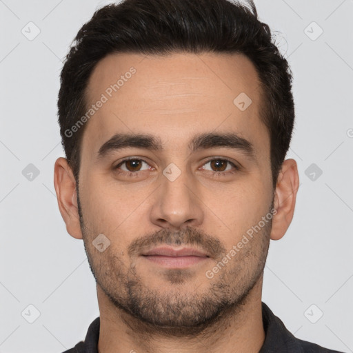 Neutral white young-adult male with short  brown hair and brown eyes
