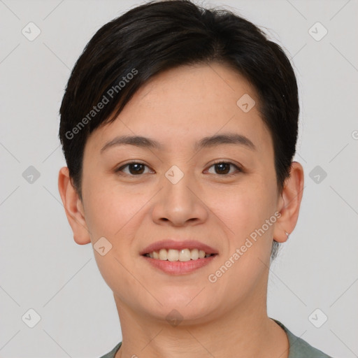 Joyful white young-adult female with short  brown hair and brown eyes