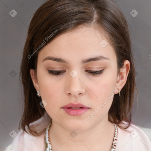 Neutral white young-adult female with medium  brown hair and brown eyes