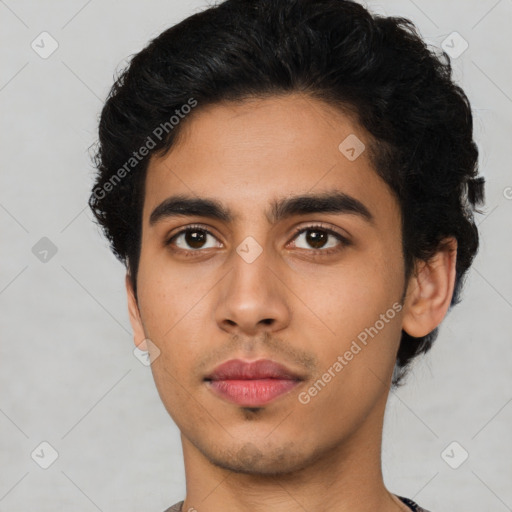 Neutral latino young-adult male with short  black hair and brown eyes