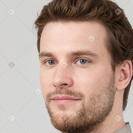 Neutral white young-adult male with short  brown hair and grey eyes