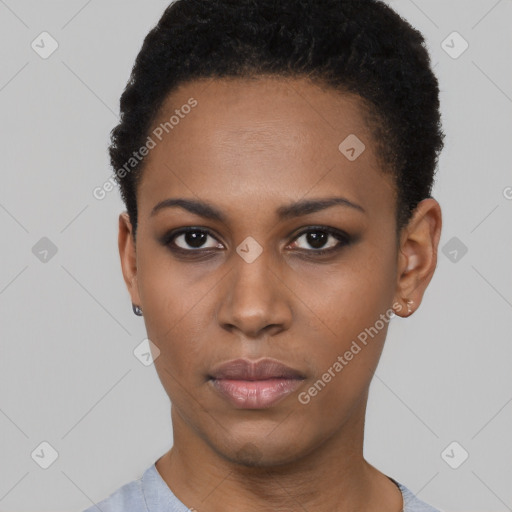 Neutral black young-adult female with short  black hair and brown eyes