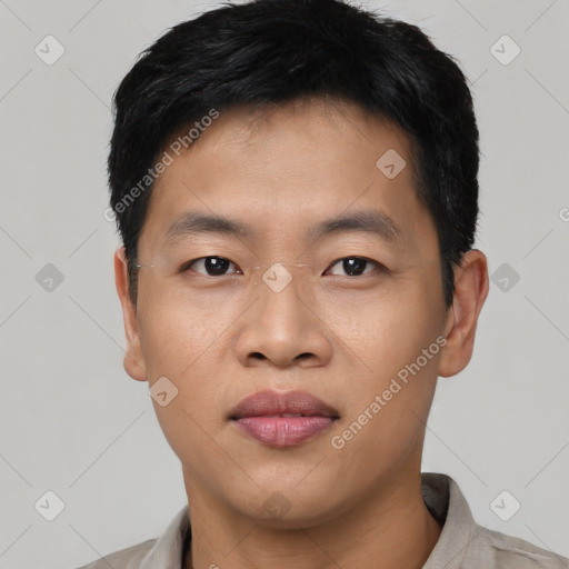 Neutral asian young-adult male with short  black hair and brown eyes