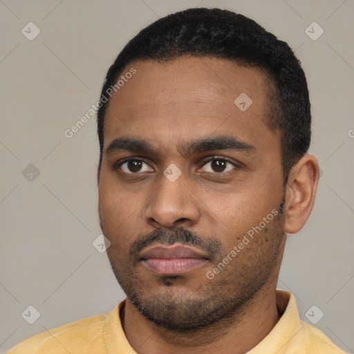 Neutral latino young-adult male with short  black hair and brown eyes