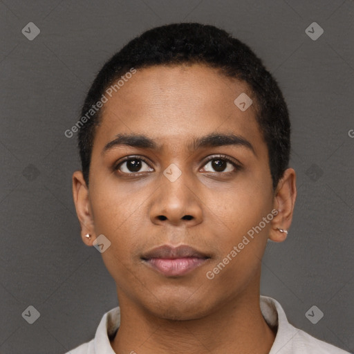 Neutral black young-adult male with short  black hair and brown eyes