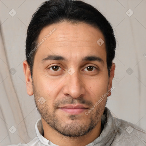 Joyful white adult male with short  brown hair and brown eyes