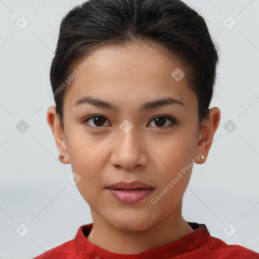 Neutral white young-adult female with short  brown hair and brown eyes