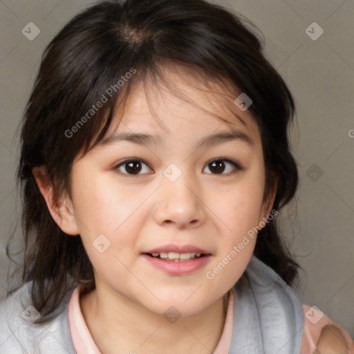 Joyful white child female with medium  brown hair and brown eyes