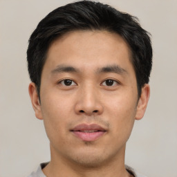 Neutral asian young-adult male with short  black hair and brown eyes